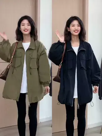 韩版立领工装风衣外套女早秋中长款高级感宽松显瘦抽绳爆款冲锋衣商品大图