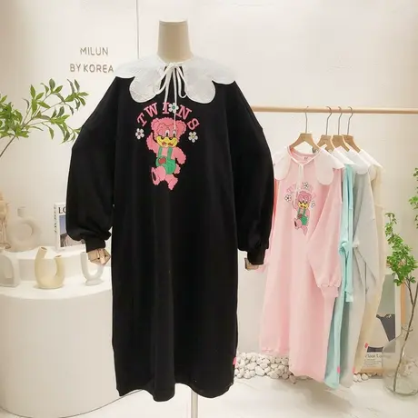 韩国东大门连衣裙2022早春新款ins慵懒蕾丝娃娃领长款卫衣裙大码商品大图