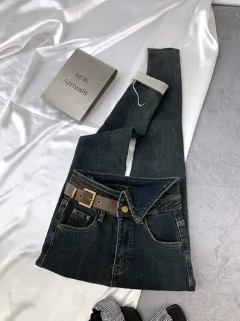 皮牌不规则加绒牛仔小脚裤女2023秋冬新款显瘦弹力包臀高腰铅笔裤商品大图