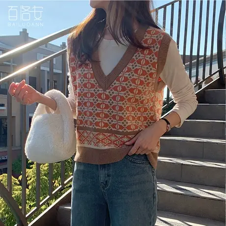 百洛安无袖撞色提花毛衣女春季新款洋气减龄针织上衣V领马甲背心商品大图