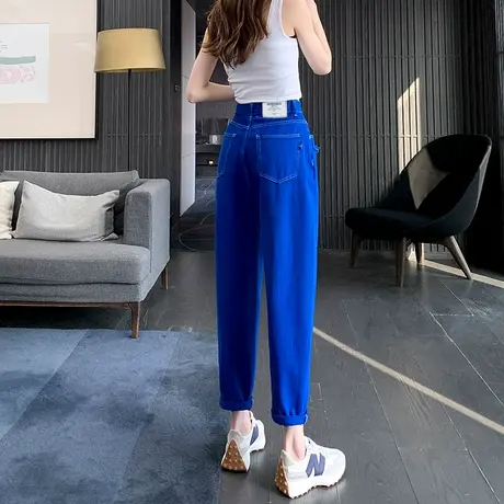 克莱因蓝牛仔裤女2024年春季新款高腰直筒宽松显瘦九分哈伦老爹裤商品大图