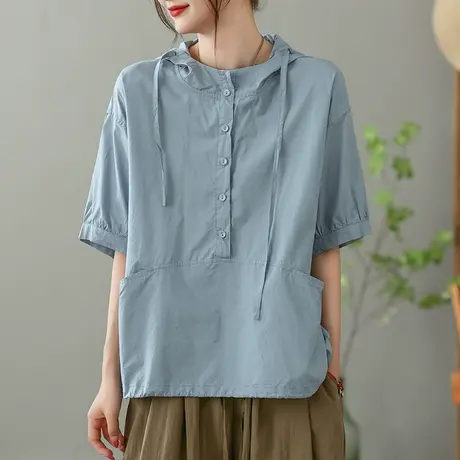 dza白色连帽短袖T恤女2023夏季薄款纯棉打底体恤休闲宽松套头上衣商品大图