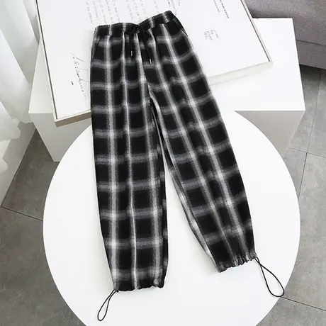 黑白格子裤女高腰束脚宽松显瘦哈伦裤春装2021新款休闲阔腿长裤子图片