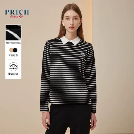 PRICH冬新款宽松版型棉质休闲logo刺绣微落肩圆领卫衣T恤衫女图片