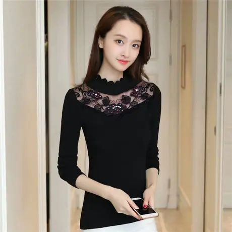 蕾丝打底衫女2023秋冬新款韩版修身中国风加绒加厚上衣女内搭小衫商品大图