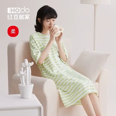 睡裙女夏季短袖红豆居家服条纹简约可外穿大码棉睡衣薄柔软家居服商品大图