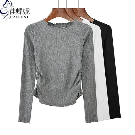 春秋新款圆领荷叶边修身褶皱纯棉纯色纯欲短款长袖体恤上衣女打底图片