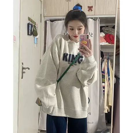 胖mm大码灰色卫衣女秋潮牌ins港味原宿风宽松遮肚子加绒长袖上衣图片