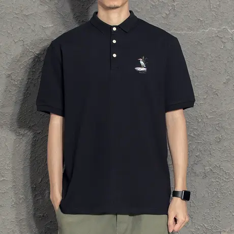 仙鹤刺绣短袖男polo衫潮牌男士黑色短袖男款夏季青年t恤帅气潮流图片