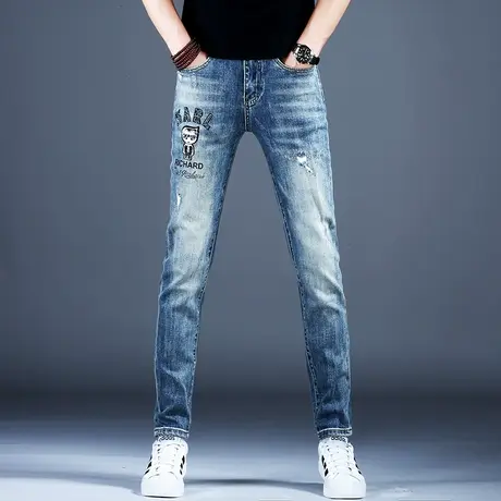 欧洲站品牌牛仔裤男款小脚修身裤子男士潮流秋冬新款美式高街破洞商品大图
