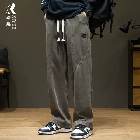 希越春季美式复古休闲裤男士春秋直筒垂感拖地裤徽章大码胖子长裤商品大图