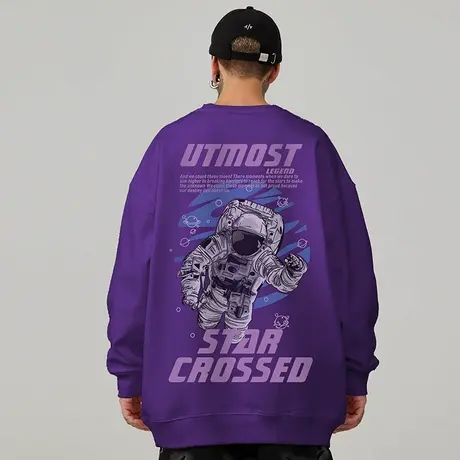 加肥加大码装nasa潮牌宇航员胖子宽松圆领卫衣加绒男生潮流无帽图片