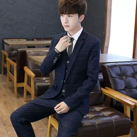男士三件套西服青年格子小西装套装春秋学生新郎结婚礼服商务正装商品大图