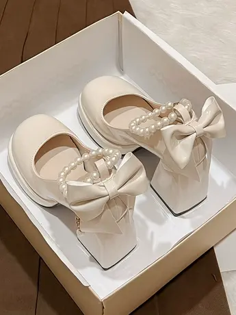 法式珍珠仙女风伴娘鞋玛丽珍鞋子防水台高跟鞋女一字扣带粗跟单鞋图片