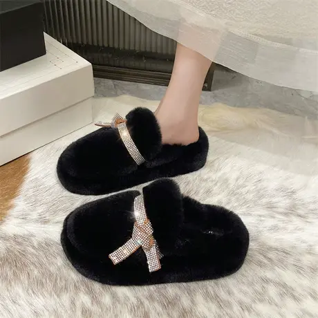 包头半拖鞋女外穿2023年秋冬季新款水钻洋气配裙子百搭厚底毛毛拖商品大图