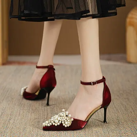 法式少女尖头珍珠水钻高跟鞋女细跟2024年夏季新款性感一字带单鞋图片