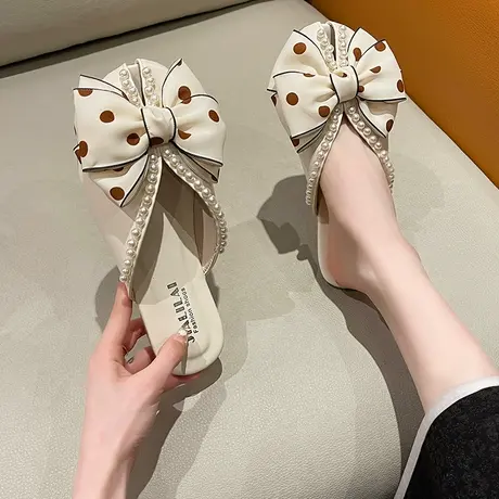拖鞋女夏外穿2023新款韩版百搭蝴蝶结珍珠包头半拖鞋懒人平底女拖商品大图