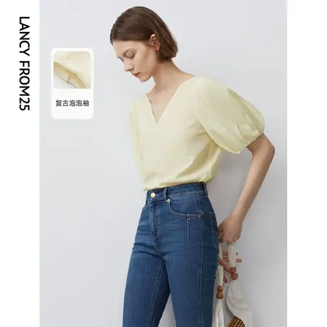 朗姿气质高级感时尚复古泡泡袖衬衫上衣法式衬衣女2023年夏季新款图片
