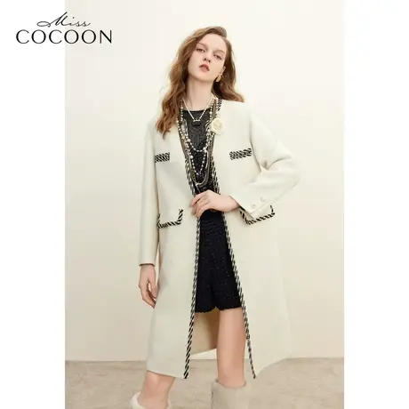 missCOCOON千金玛德琳撞色小香风2023冬季新女通勤中长款毛呢大衣商品大图