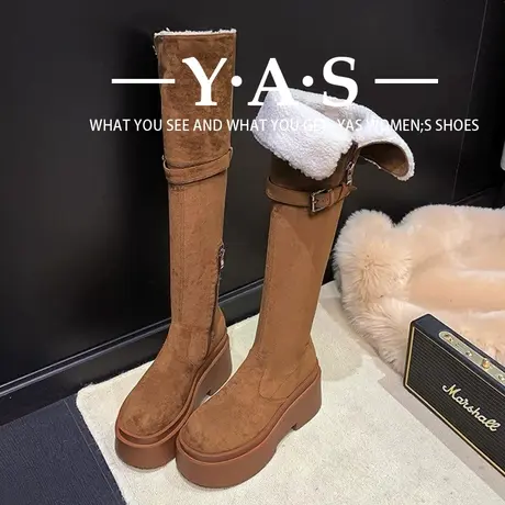 保暖鞋厚底大棉靴子女过膝显瘦长筒雪地靴羊皮毛一体高筒靴松糕跟图片