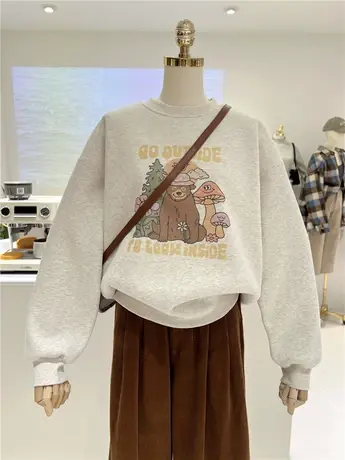 冬季花灰色加绒加厚韩版卡通趣味印花宽松保暖圆领休闲套头卫衣女图片