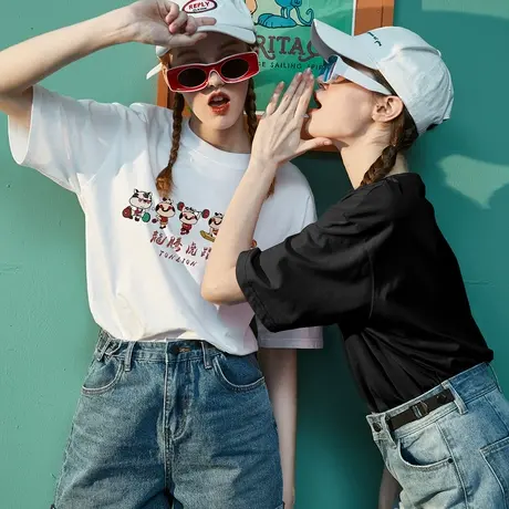 唐狮虎年女T恤夏装新款黑色短袖别致潮酷上衣设计感小众衣服图片