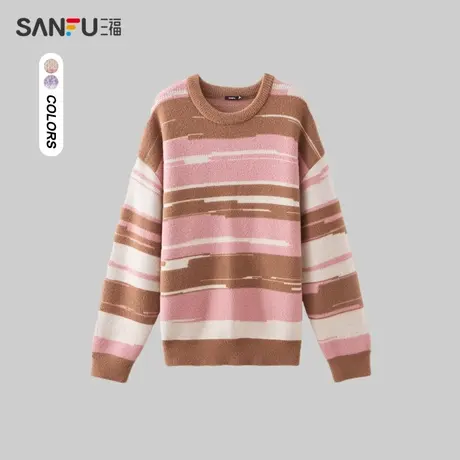 三福2023冬季男士不规则条纹毛衣 摩登潮流圆领上衣男479595商品大图