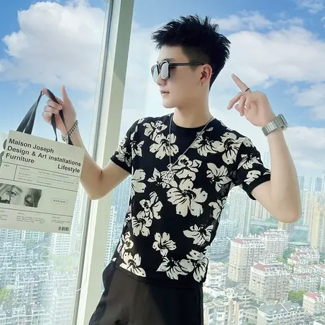 夏季男士上衣短袖修身半袖花色满印个性ins学生青年潮流圆领体恤商品大图