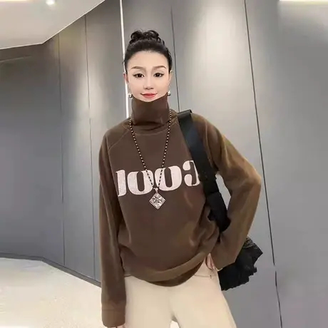 加绒欧货2023秋冬时尚印花高领长袖T恤女打底衫减龄奥粒绒卫衣女商品大图
