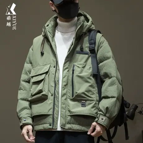 军绿色假两件羽绒服男冬季保暖新国标白鸭绒宽松大码男士连帽外套商品大图