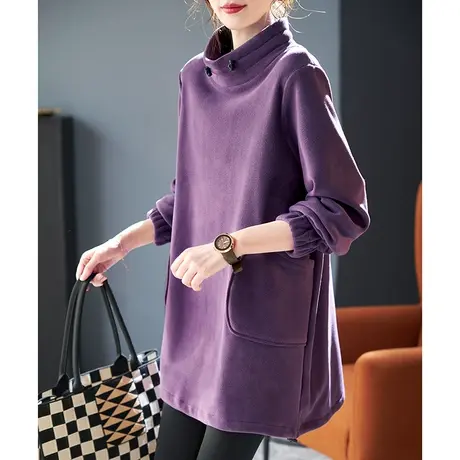 宝诗黎立领中长款摇粒绒宽松卫衣女纯色长袖套头上衣2024春季新款商品大图