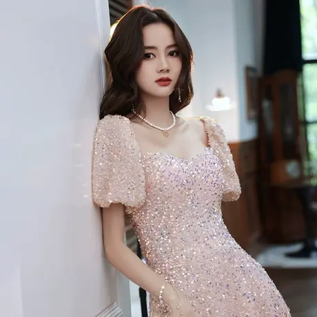 亮片晚礼服裙女夏季小个子轻奢高端高级感主持人连衣裙高定粉色图片