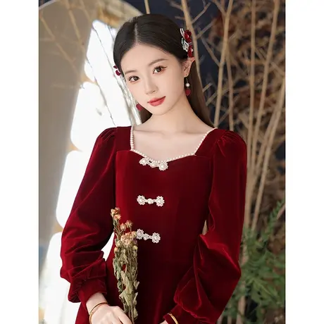 长袖敬酒服新娘冬季酒红色小个子结婚订婚晚礼服高级感法式连衣裙商品大图