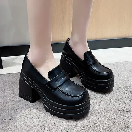 10cm黑色小皮鞋女超高跟鞋子女鞋2024春季新款单鞋粗跟厚底乐福鞋图片