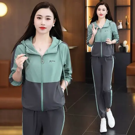 梭织布休闲运动服套装女春秋2024新款时尚拼色跑步跳操卫衣两件套图片
