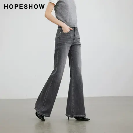 红袖设计感水洗磨白牛仔裤hopeshow2024春新款一粒扣喇叭长裤女商品大图