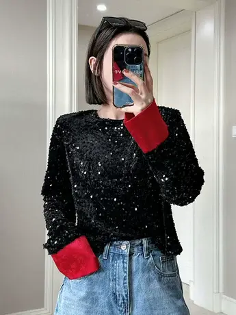 欧货女装早春新款韩式轻熟风圆领亮片拼接宽松长袖衬衫打底衫上衣商品大图