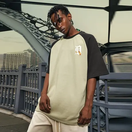 撞色西海岸美式高街插肩短袖拼接华夫格T恤男宽松潮流半袖夏季潮商品大图