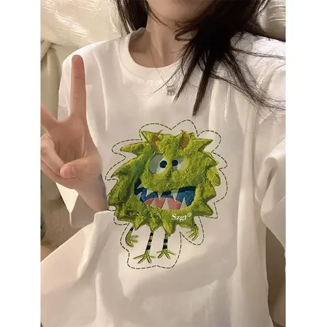 纯棉重磅趣味印花短袖t恤女2023春夏新款设计感学生宽松大码上衣商品大图