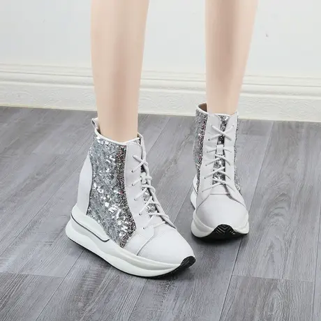 10cm内增高老爹鞋女2023新款真皮亮片坡跟尖头厚底高帮轻便运动鞋商品大图