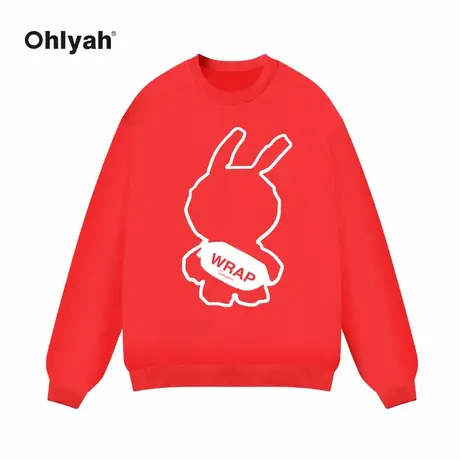Ohlyah红色卡通兔子套头卫衣男女情侣潮牌2023本命年衣服兔年定制图片