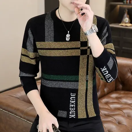 秋冬季加厚圆领毛衣男韩版潮流时尚条纹水貂绒线衣保暖套头针织衫商品大图