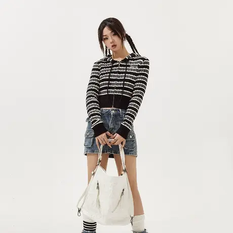 YEP短款连帽开衫条纹毛衣春秋2024新款外套女超好看针织衫上衣商品大图