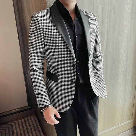 千鸟格拼皮西服男春季休闲痞帅英伦风外套平驳领两粒扣双开衩单西商品大图