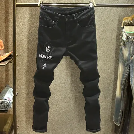 2024新款春夏季牛仔裤男款修身小脚裤潮牌手工刺绣黑色裤子男百搭商品大图