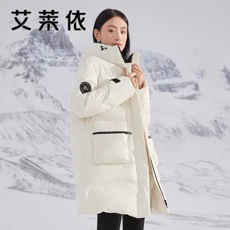 艾莱依新款羽绒服女2022年秋冬季时尚中长款设计感鸭绒连帽外套潮商品大图