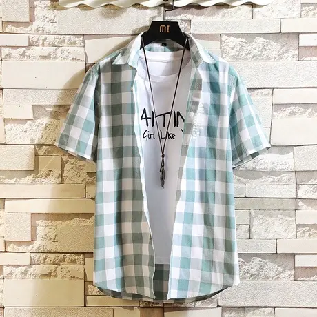 短袖衬衫男青少年夏季新款格子衬衣外套韩版潮流纯棉寸衫休闲潮牌商品大图