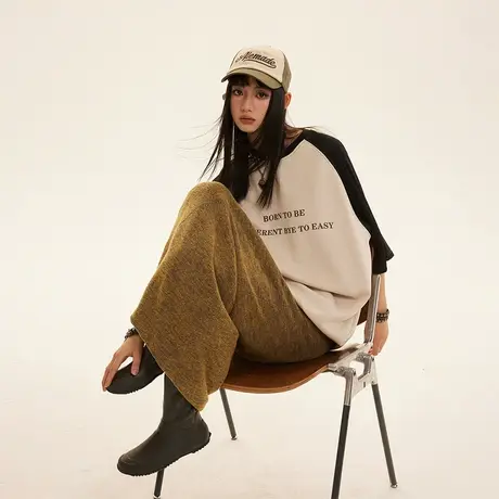 复古拼接插肩袖t恤女短袖2023年新款ins潮牌半袖宽松oversize上衣商品大图