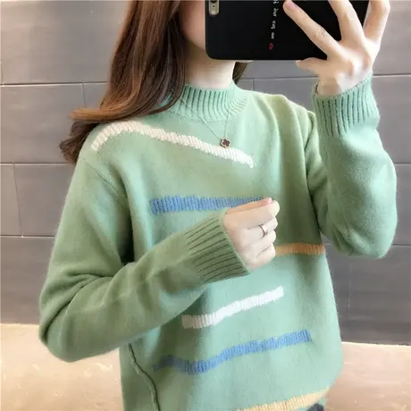半高领条纹套头毛衣女2023秋冬新款韩版针织打底上衣潮百搭ins图片