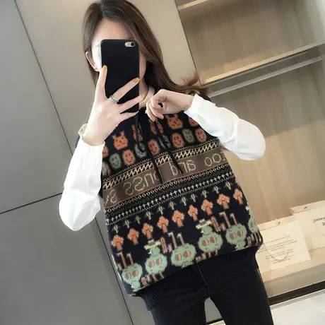 春秋装新款马甲背心女士外搭无袖毛衣卡通学生针织马夹韩版外穿图片